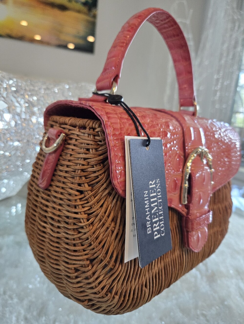 Brahmin Maisie Coral Snapdragon Hanalei Wicker Satchel NWT - Picture 3 of 12